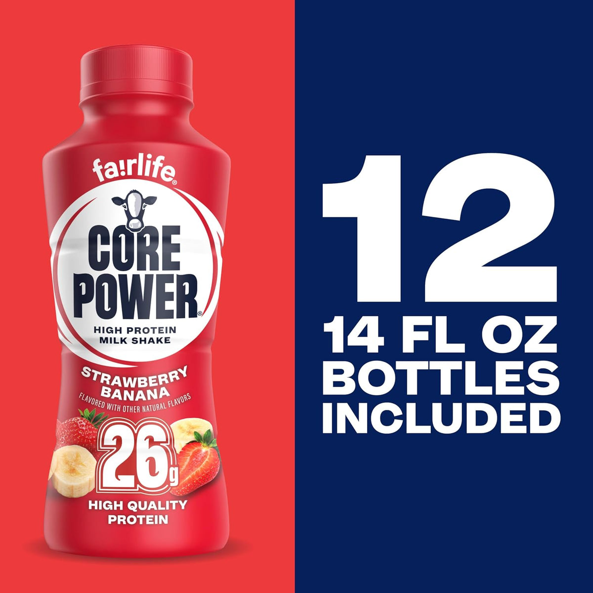 Core Power Fairlife 26g Protein Milk Shakes, Ready To Drink for Workout Recovery, Strawberry Banana, 14 Fl Oz (Pack of 12)