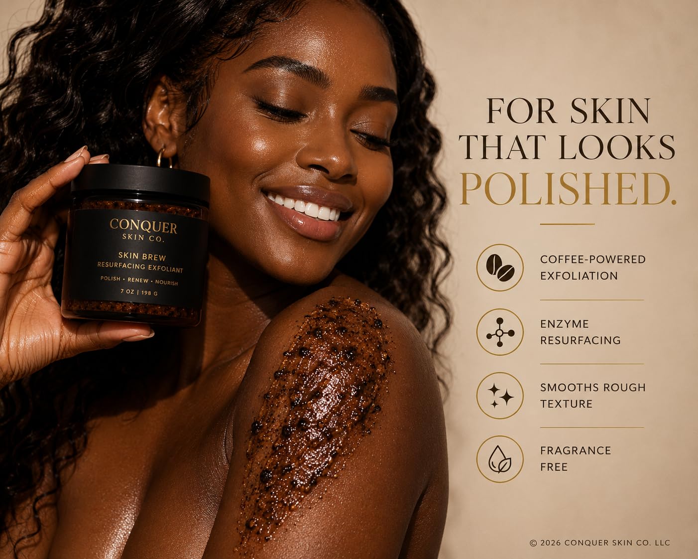 Conquer Skin Co. Skin Brew Resurfacing Exfoliant Body Polish with Coffee, Papaya Powder,Brown Sugar and Adzuki Bean, 7 oz