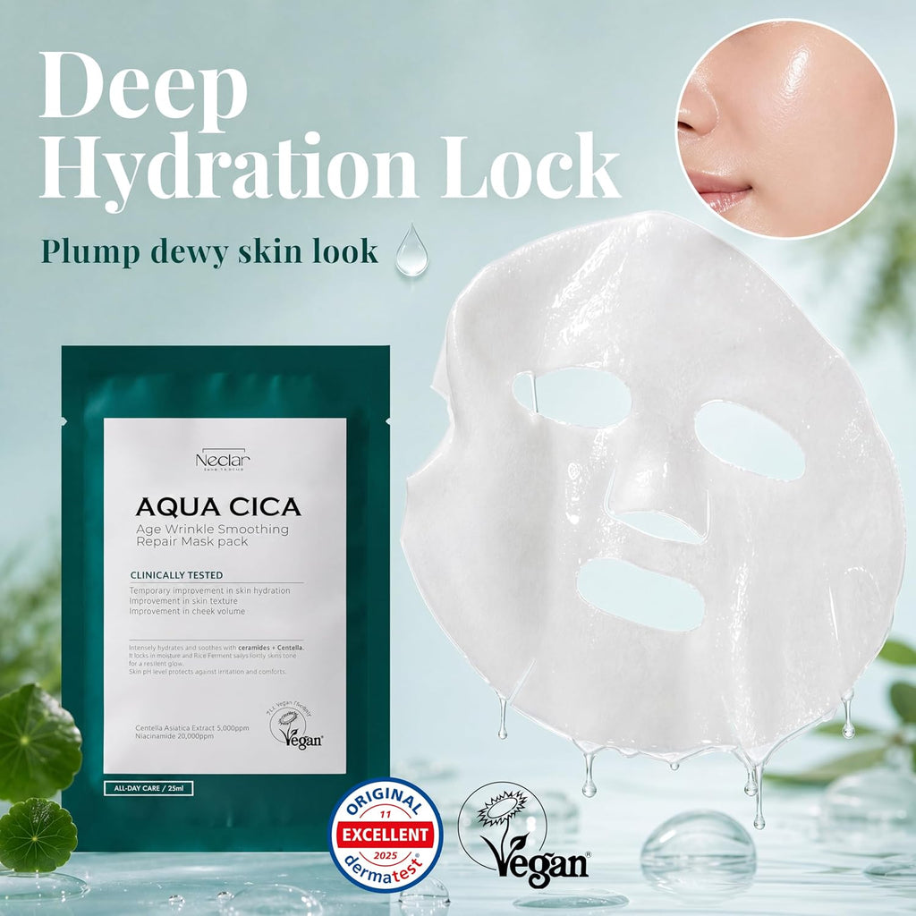 AQUA CICA Age Wrinkle Smoothing Care Sheet Face Mask 10 pcs - Korean Skincare with 5 Peptides, Centella Asiatica, Ferment Filtrate & Niacinamide 2% - Hydrating, Calming Redness & Anti-Aging
