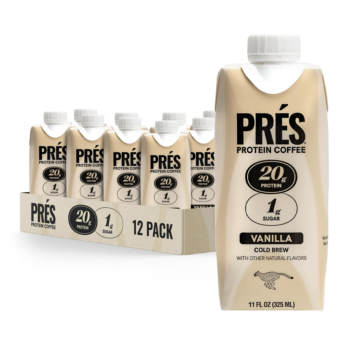 PRES Protein Coffee, Caramel, High Protein, Real Cold Brew, 20g Protein, 1g Sugar, 100 Calories, Protein Snacks, No Added Sugar, Coffee, Breakfast, Protein, Kosher, Soy Free, Nut Free, Non-GMO, Low Carb (12 Pack)