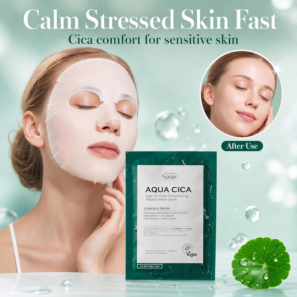 AQUA CICA Age Wrinkle Smoothing Care Sheet Face Mask 10 pcs - Korean Skincare with 5 Peptides, Centella Asiatica, Ferment Filtrate & Niacinamide 2% - Hydrating, Calming Redness & Anti-Aging