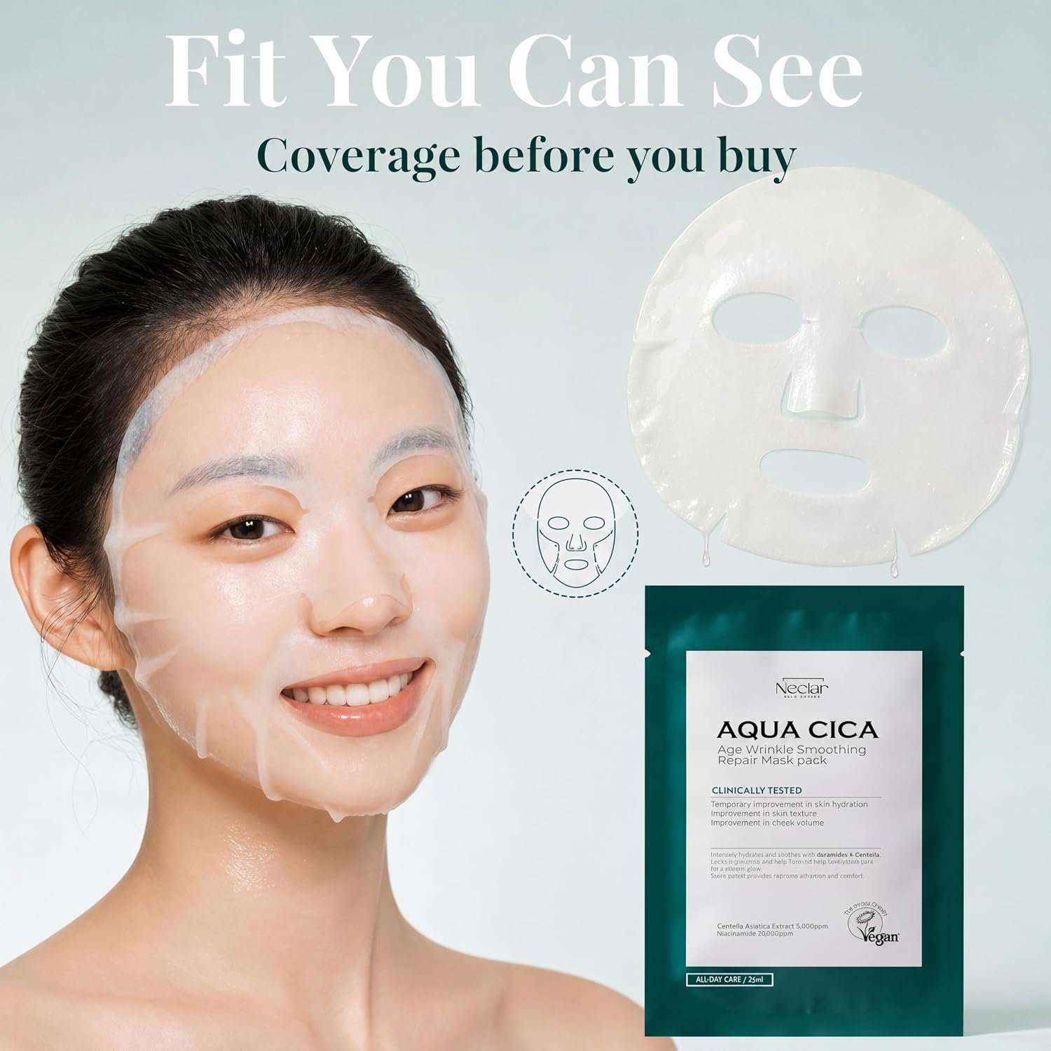 AQUA CICA Age Wrinkle Smoothing Care Sheet Face Mask 10 pcs - Korean Skincare with 5 Peptides, Centella Asiatica, Ferment Filtrate & Niacinamide 2% - Hydrating, Calming Redness & Anti-Aging
