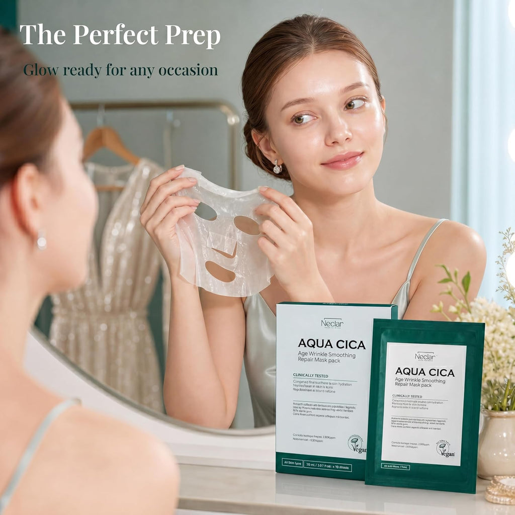 AQUA CICA Age Wrinkle Smoothing Care Sheet Face Mask 10 pcs - Korean Skincare with 5 Peptides, Centella Asiatica, Ferment Filtrate & Niacinamide 2% - Hydrating, Calming Redness & Anti-Aging