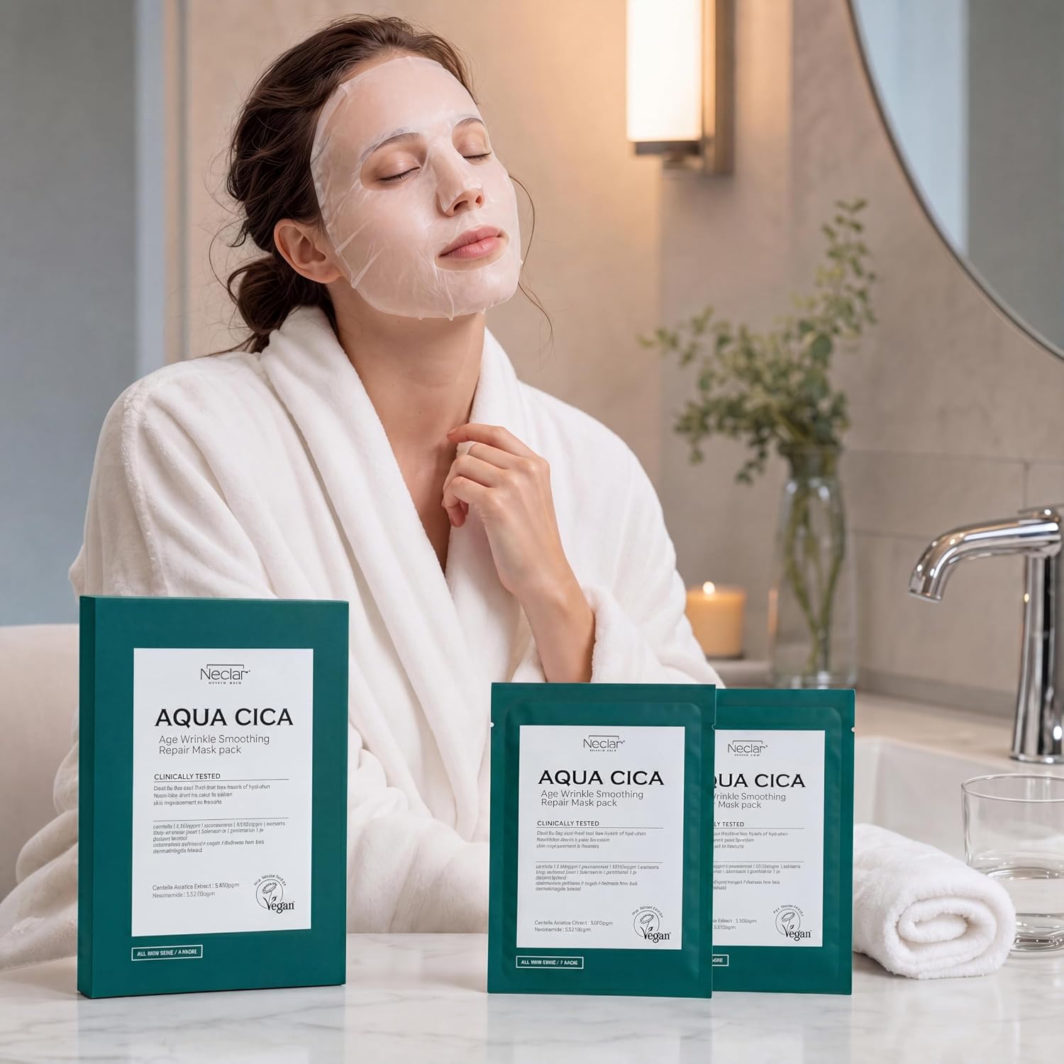 AQUA CICA Age Wrinkle Smoothing Care Sheet Face Mask 10 pcs - Korean Skincare with 5 Peptides, Centella Asiatica, Ferment Filtrate & Niacinamide 2% - Hydrating, Calming Redness & Anti-Aging