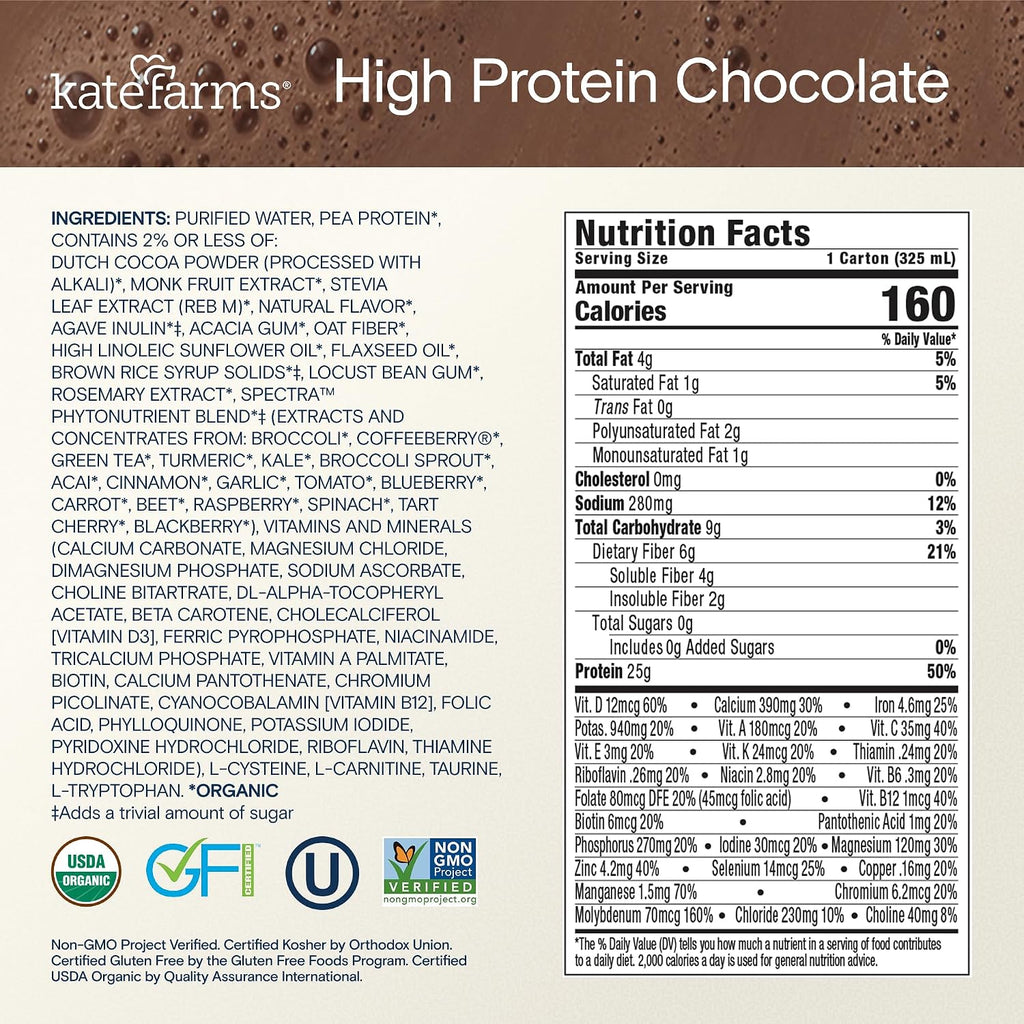 KATE FARMS Organic High Protein Chocolate Shake, 25g Protein, 12 Pack