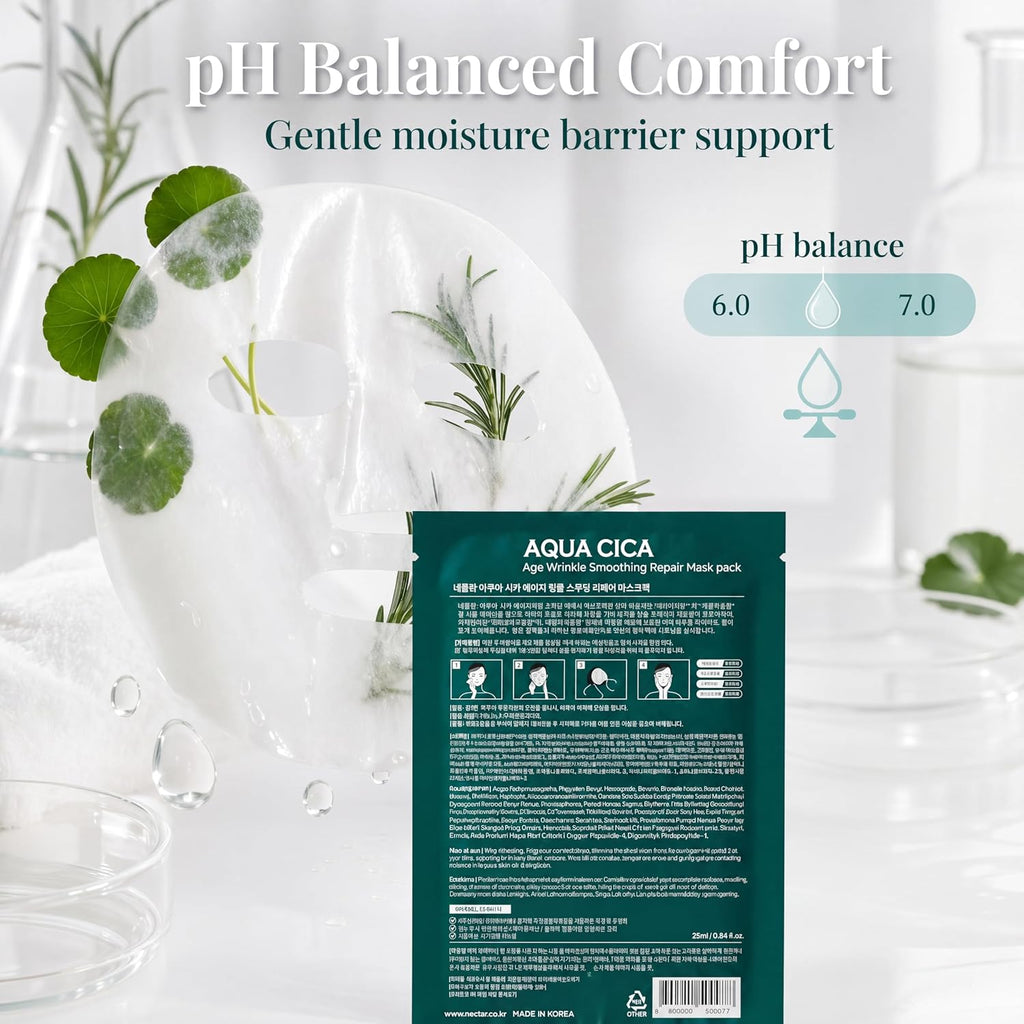 AQUA CICA Age Wrinkle Smoothing Care Sheet Face Mask 10 pcs - Korean Skincare with 5 Peptides, Centella Asiatica, Ferment Filtrate & Niacinamide 2% - Hydrating, Calming Redness & Anti-Aging