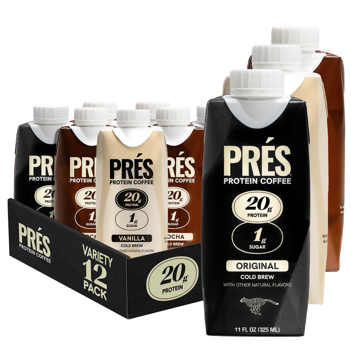PRES Protein Coffee, Caramel, High Protein, Real Cold Brew, 20g Protein, 1g Sugar, 100 Calories, Protein Snacks, No Added Sugar, Coffee, Breakfast, Protein, Kosher, Soy Free, Nut Free, Non-GMO, Low Carb (12 Pack)